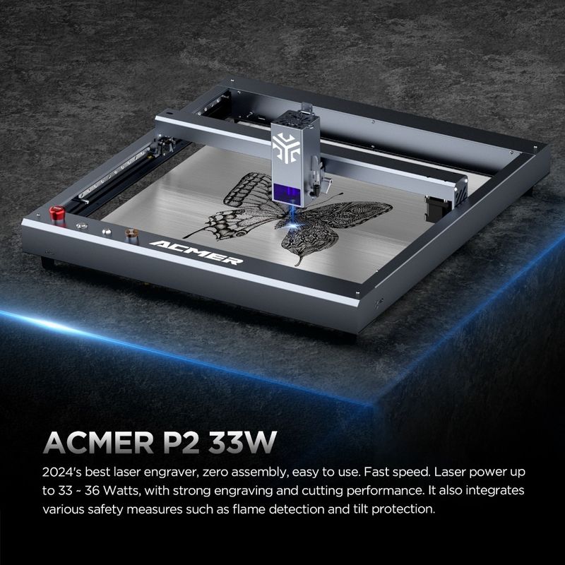 ACMER P2 33W লেজার গ্রাভার কাটিয়া মেশিন, কাঠ ডেস্কটপ লেজার গ্রাভার এবং কাটার উচ্চ গতি 30000mm / মিনিট