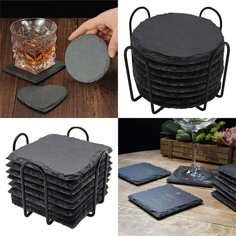 স্লেট স্টোন পানীয় Coasters কালো প্রাকৃতিক প্রান্ত স্লেট স্টোন প্লেট জন্য বার এবং হোম