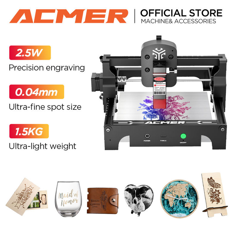 ACMER S1 মিনি পোর্টেবল লেজার খোদাই মেশিন 0.04 * 0.04mm স্টেইনলেস স্টীল কাঠের জন্য স্পট আকার